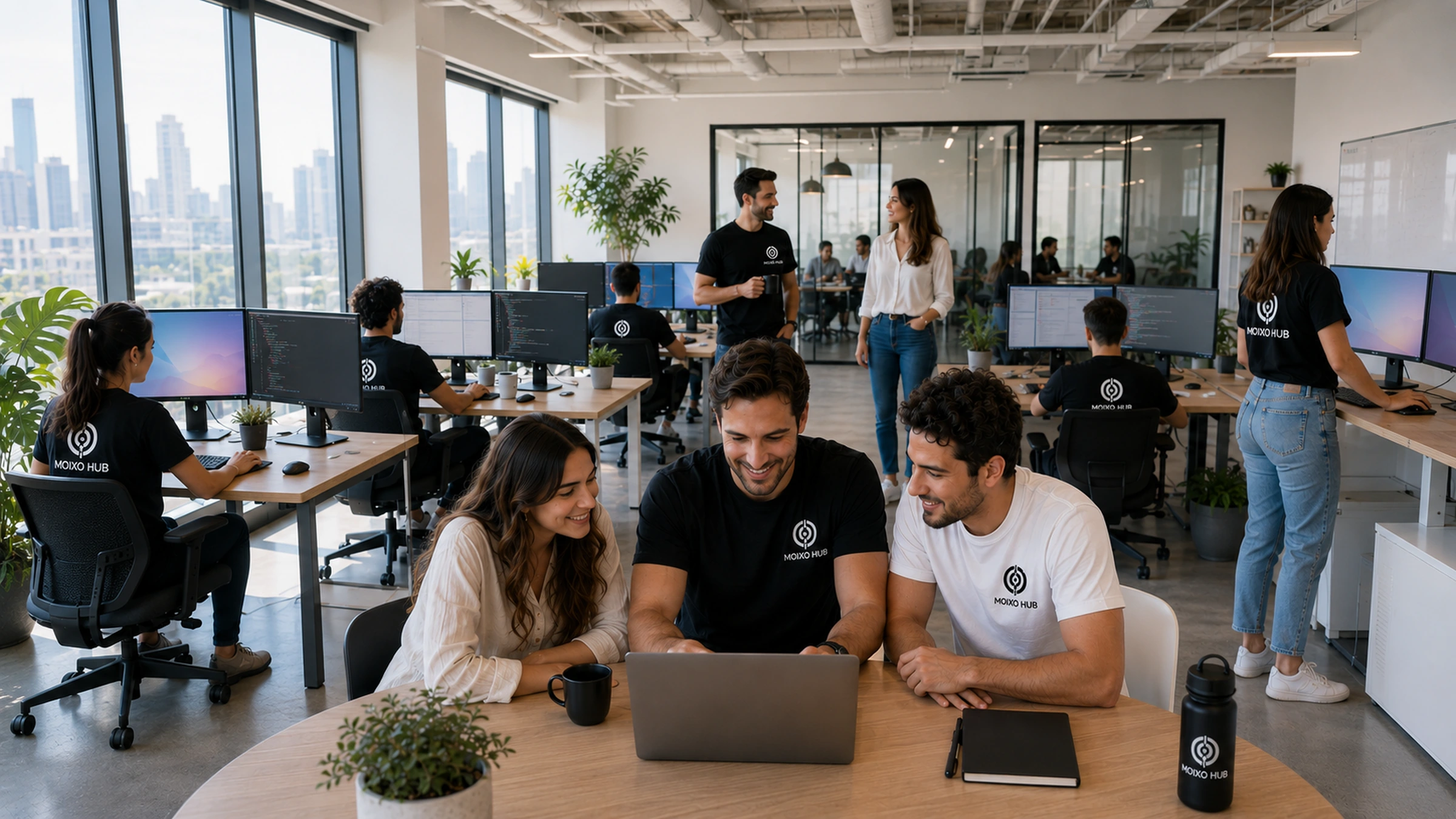 Large international MOIXO HUB team collaborating in a modern corporate technology office